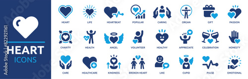 Heart icon set. Containing life, heartbeat, caring, passion, healthcare, emotional, like, charity and more. Solid vector icons collection. photo