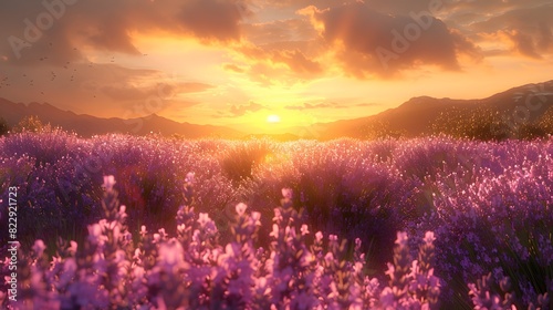 Lavender fields at sunset, with the golden light casting a warm glow over the purple blooms and enhancing the tranquil atmosphere. List of Art Media Photograph inspired by Spring magazine