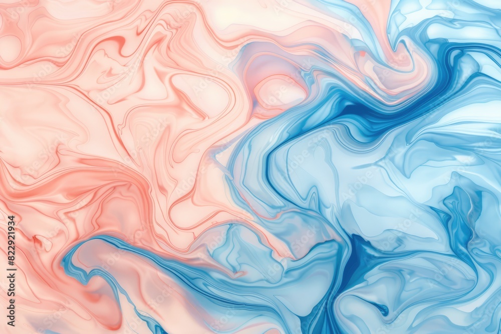 Fluid painting featuring delicate waves of blue and pink on a white backdrop