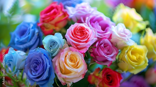 colorful blue red green white pink purple rose flower bouquet in full blossom