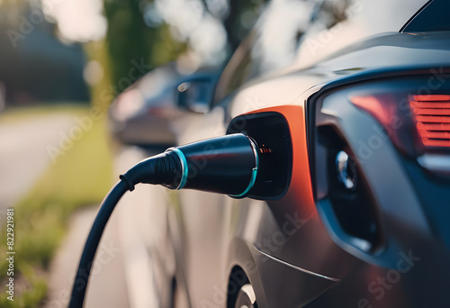 Close-up of an electric car being charged at a charging station on a sunny day. The focus is on the charging plug and the car's charging port.