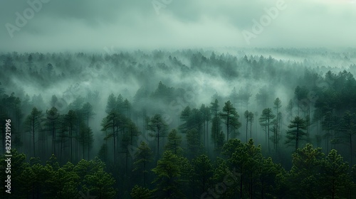 A misty morning in a forest of tall pine trees, with the fog creating an ethereal atmosphere and softening the landscape. List of Art Media Photograph inspired by Spring magazine photo