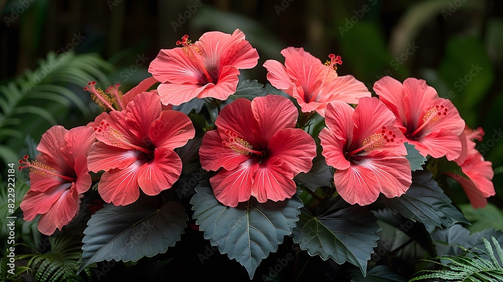 A bush of red hibiscus flowers in a tropical garden, with multiple blooms creating a rich tapestry of color and life. List of Art Media Photograph inspired by Spring magazine A bush of red hibiscus flowers in a tropical garden, with multiple blooms creating a rich tapestry of color and life. List of Art Media Photograph inspired by Spring magazine