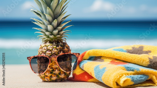 Quirky pineapple with sunglasses next to a vibrant beach towel on a sunny beach with turquoise waters in the background. photo