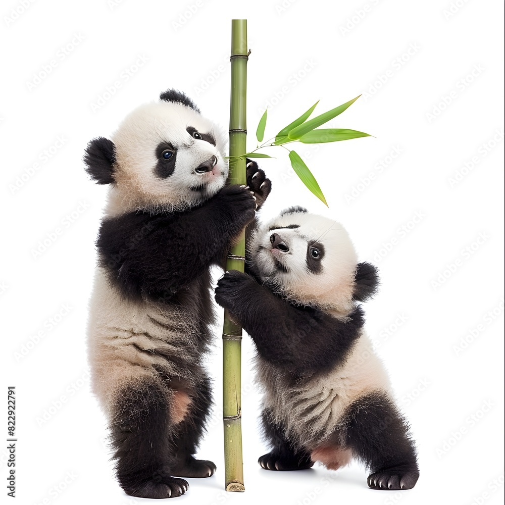 Fototapeta premium Baby Pandas Clumsily Climbing Imaginary Bamboo on White Background