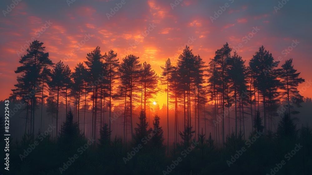 The silhouettes of tall pine trees at dusk, with the sky painted in hues of orange and pink as the sun sets behind the horizon. List of Art Media Photograph inspired by Spring magazine The silhouettes of tall pine trees at dusk, with the sky painted in hues of orange and pink as the sun sets behind the horizon. List of Art Media Photograph inspired by Spring magazine