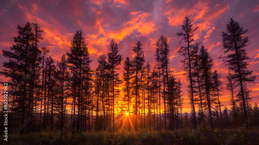 The silhouettes of tall pine trees at dusk, with the sky painted in hues of orange and pink as the sun sets behind the horizon. List of Art Media Photograph inspired by Spring magazine