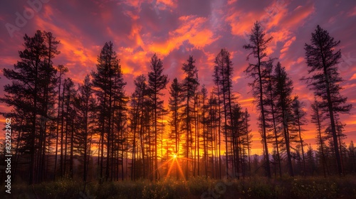 The silhouettes of tall pine trees at dusk  with the sky painted in hues of orange and pink as the sun sets behind the horizon. List of Art Media Photograph inspired by Spring magazine