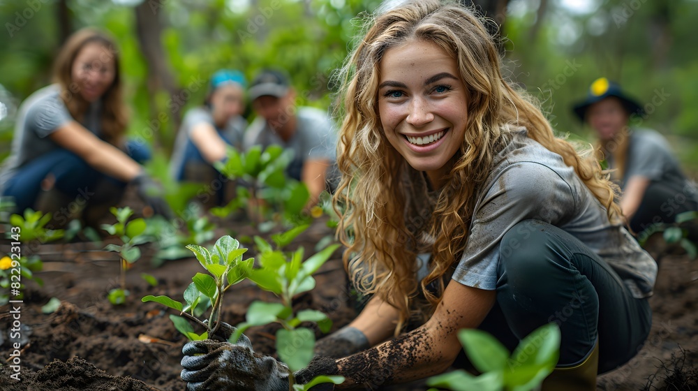 A group of volunteers planting trees in a community park, with everyone smiling and working together to improve the environment. List of Art Media Photograph inspired by Spring magazine A group of volunteers planting trees in a community park, with everyone smiling and working together to improve the environment. List of Art Media Photograph inspired by Spring magazine
