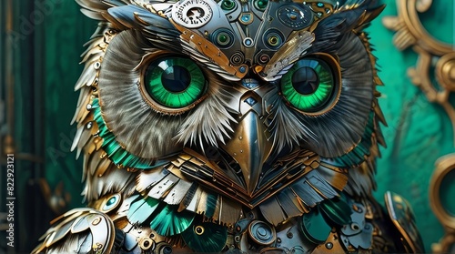 Emerald-Eyed Clockwork Owl: A Fantasy Masterpiece in Digital Art © BOJOShop