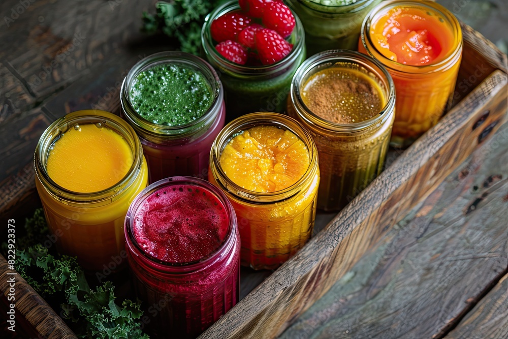 Freshly prepared citrus smoothies in vibrant colors in glass jars on a rustic wooden tray. Orange yellow green. Top view selective focus Freshly prepared citrus smoothies in vibrant colors in glass jars on a rustic wooden tray. Orange yellow green. Top view selective focus