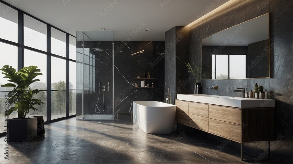 Fototapeta premium Minimalist Luxury: Modern Bathroom with Freestanding Tub and Marble Finishes.
