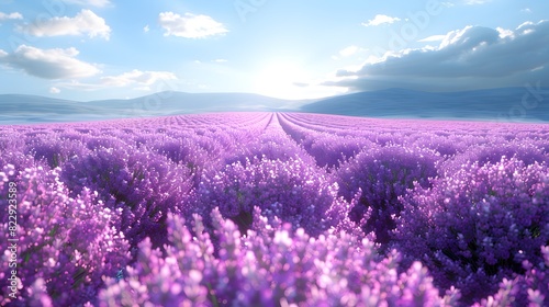 A field of purple lavender flowers in full bloom under a bright  clear sky  with the rows of blossoms stretching out towards the horizon. List of Art Media Photograph inspired by Spring magazine