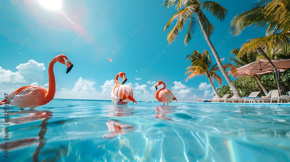Obraz premium Nice vacations with swimming pool coconut palm tree and flamingos in miami beach