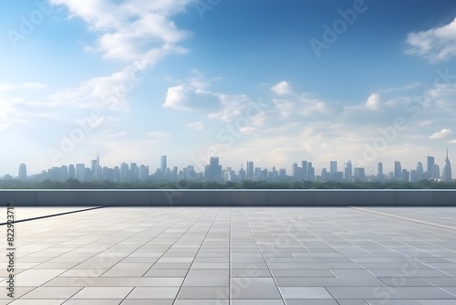 Expansive Urban Skyline with Tranquil Tiled Plaza in Daylight