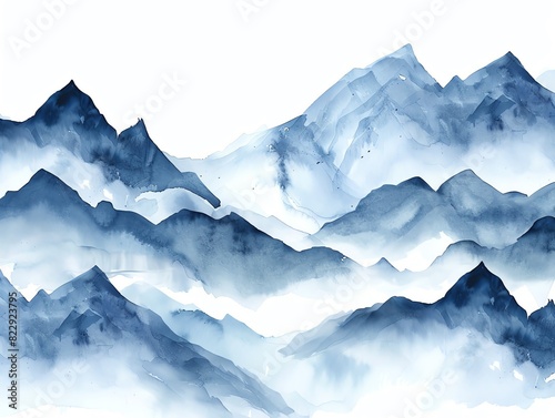 Blue and white watercolor painting of mountains.