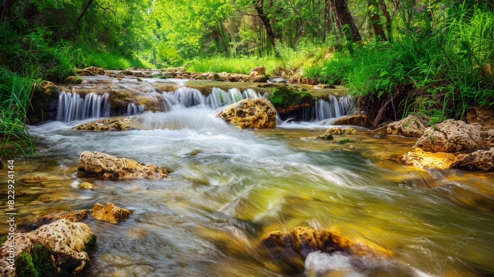 A picturesque forest stream with clear water flowing over stones, surrounded by vibrant green foliage. A simple and beautiful natural scene. A picturesque forest stream with clear water flowing over stones, surrounded by vibrant green foliage. A simple and beautiful natural scene.