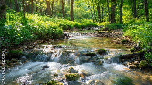 A picturesque forest stream with clear water flowing over stones, surrounded by vibrant green foliage. A simple and beautiful natural scene.