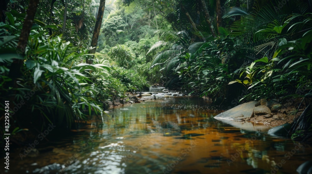 A tranquil stream winding its way through a dense forest, surrounded by vibrant greenery. The simplicity and beauty of nature captured perfectly. A tranquil stream winding its way through a dense forest, surrounded by vibrant greenery. The simplicity and beauty of nature captured perfectly.