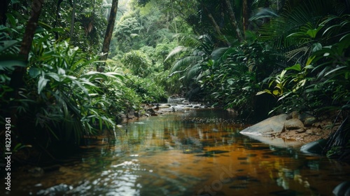 A tranquil stream winding its way through a dense forest  surrounded by vibrant greenery. The simplicity and beauty of nature captured perfectly.