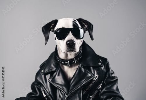 rocker dog dressed black jacket and sunglasses 