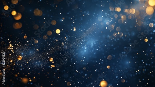 Abstract dark blue and gold particle background with a Christmas lights bokeh effect
