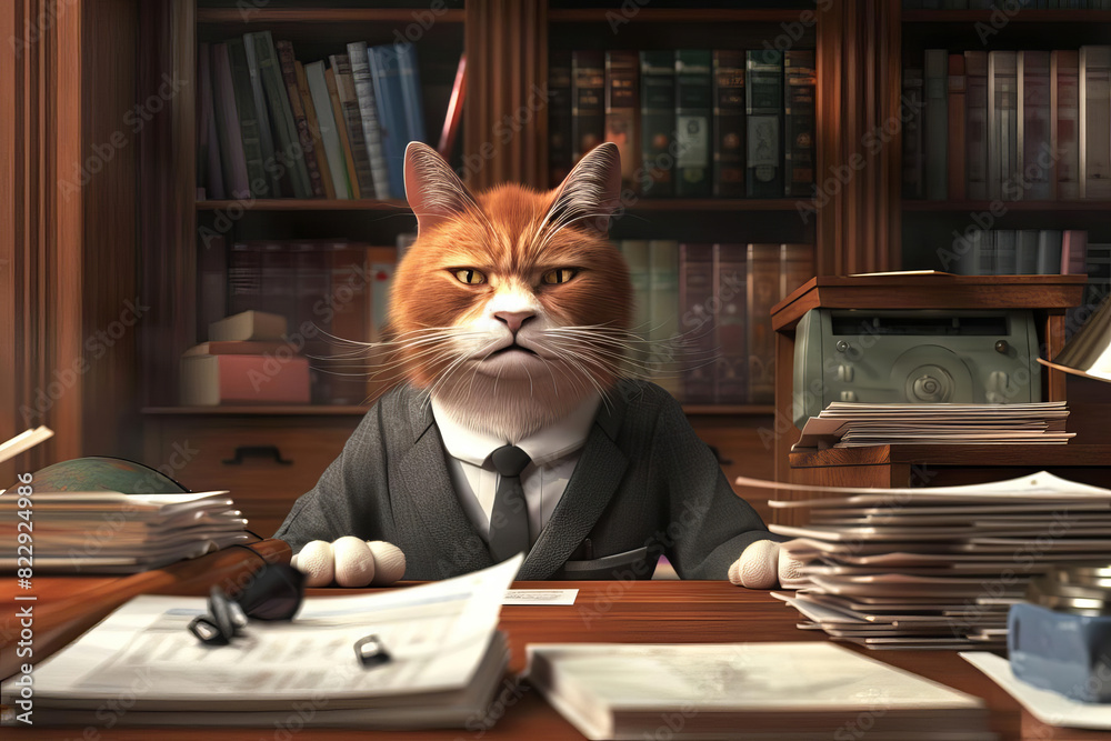 Overworked feline character in business attire looking exasperated, surrounded by stacks of files and a cluttered desk Overworked feline character in business attire looking exasperated, surrounded by stacks of files and a cluttered desk