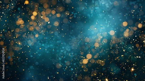 Abstract background with dark blue and gold particles, golden Christmas lights, and bokeh particles on a blue-green background