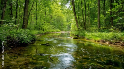 Calm and clear stream in a peaceful forest, with lush green trees and undergrowth creating a beautiful natural background.