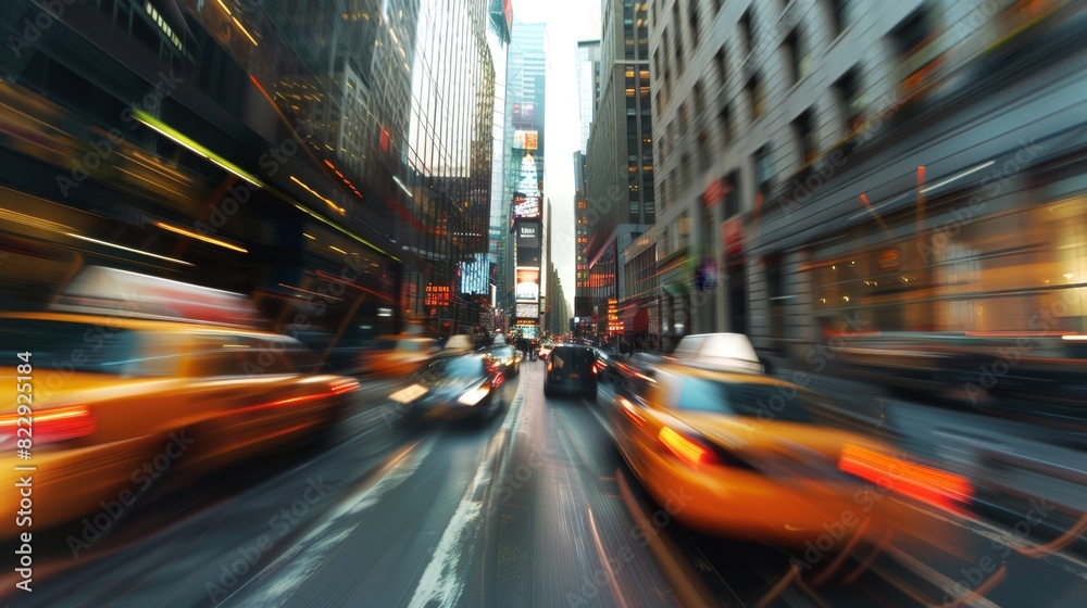 City Motion Blur: Convey the dynamism of city traffic with motion blur against a backdrop of gleaming skyscrapers.