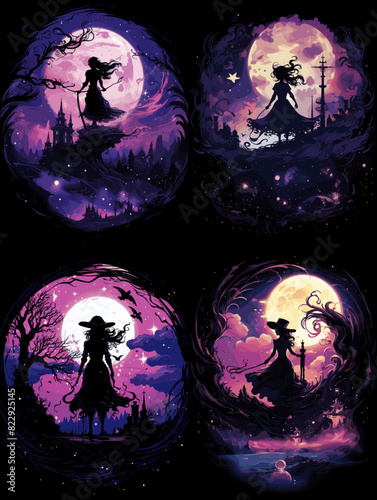 Magical witch silhouettes under a glowing full moon in an enchanting fantasy setting. Perfect for Halloween, gothic themes, mystical artwork, fairytales, and supernatural storytelling.