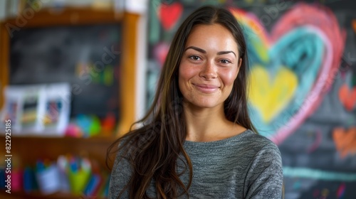 Young Female Elementary School Teacher with Kids and Colorful Classroom