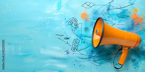 Colorful megaphone with marketing buzzwords SEO social media public relations trends. Concept Marketing Strategies, Social Media Trends, Public Relations, SEO Tactics, Megaphone Buzz © Ян Заболотний