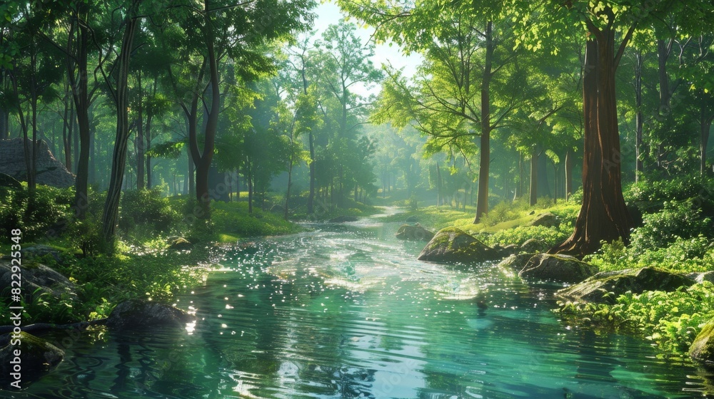 Crystal-clear stream running through a peaceful forest, with sunlight dappling the water and trees. A beautiful, simple scene of nature's tranquility. Crystal-clear stream running through a peaceful forest, with sunlight dappling the water and trees. A beautiful, simple scene of nature's tranquility.