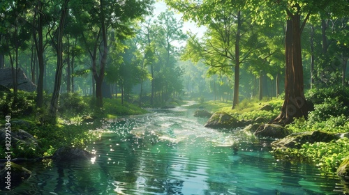 Crystal-clear stream running through a peaceful forest  with sunlight dappling the water and trees. A beautiful  simple scene of nature s tranquility.
