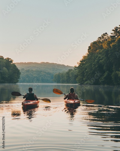 Couple Kayaking on Calm Lake Surrounded by Scenery  © wpw