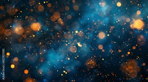 Deep blue background with festive gold particles and Christmas light bokeh © panu101