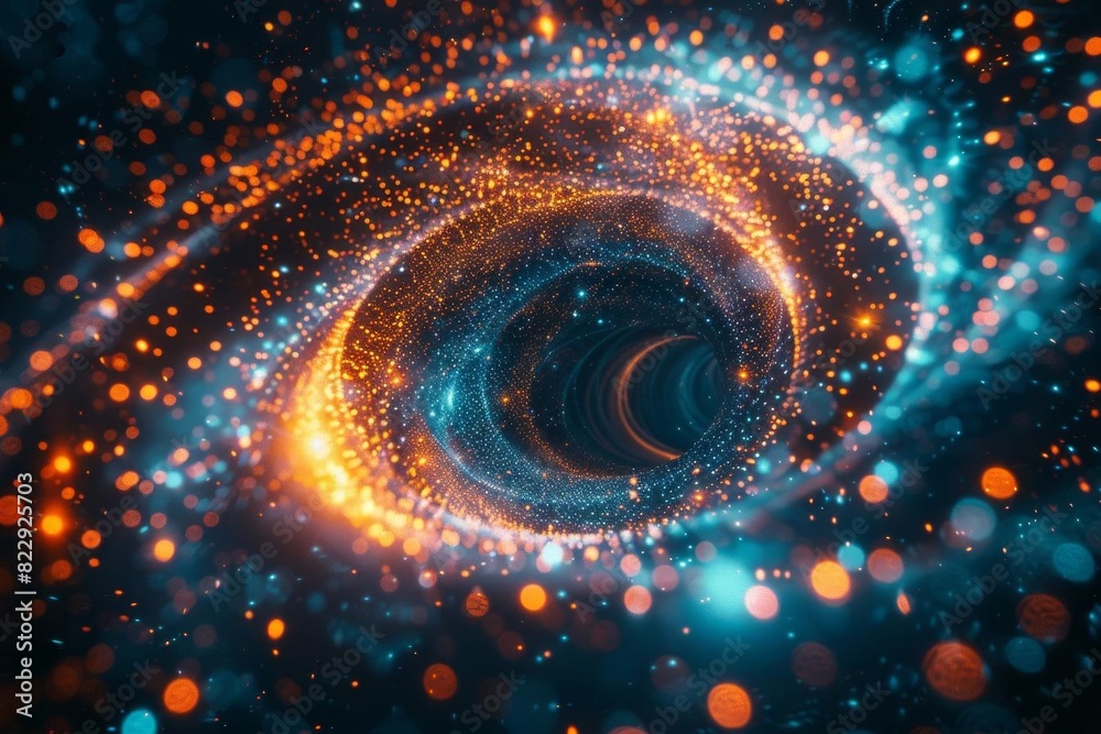 An orange and blue glowing vortex of light curves through a starry void, illuminating the surrounding space with its vibrant glow. An orange and blue glowing vortex of light curves through a starry void, illuminating the surrounding space with its vibrant glow.