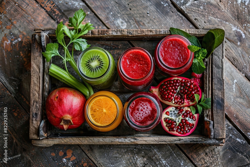 Freshly prepared citrus smoothies in vibrant colors in glass jars on a rustic wooden tray. Orange yellow green. Top view selective focus Freshly prepared citrus smoothies in vibrant colors in glass jars on a rustic wooden tray. Orange yellow green. Top view selective focus
