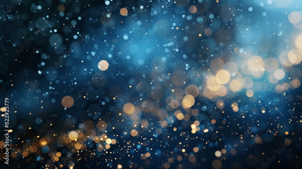 Fototapeta premium Elegant abstract background featuring dark blue, gold particles, and Christmas light bokeh on a blue-green backdrop with gold foil