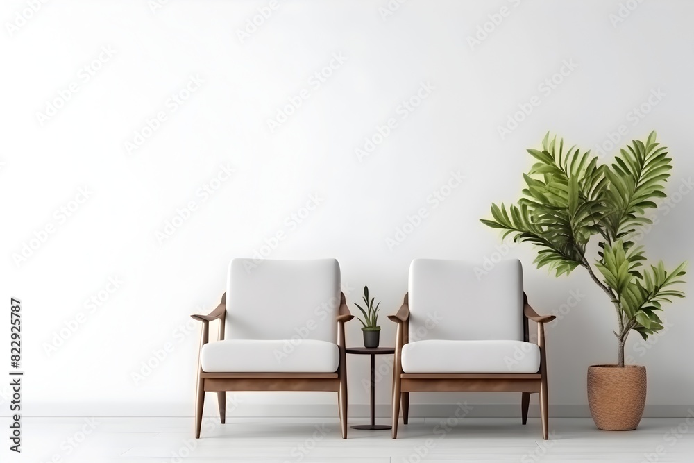 Minimalist Living Room with Wooden Armchair and Blank Wall Background Minimalist Living Room with Wooden Armchair and Blank Wall Background