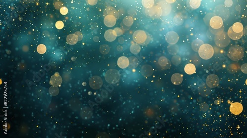 Elegant abstract background featuring dark blue, gold particles, and Christmas light bokeh on a blue-green backdrop with gold foil