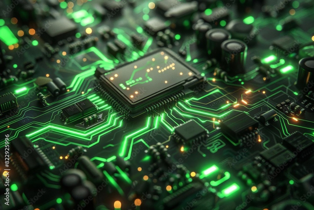 A close-up of a computer chip with green glowing lights. The chip is the central processing unit (CPU) of a computer. A close-up of a computer chip with green glowing lights. The chip is the central processing unit (CPU) of a computer.