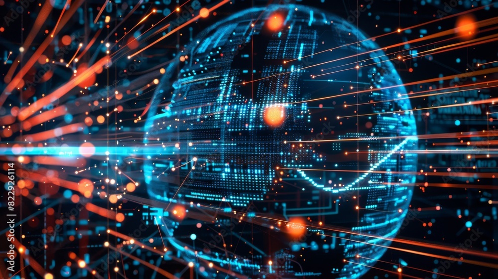 Futuristic digital globe surrounded by data streams and network connections, showcasing the concept of high-speed data transfer and cyber innovation. Futuristic digital globe surrounded by data streams and network connections, showcasing the concept of high-speed data transfer and cyber innovation.