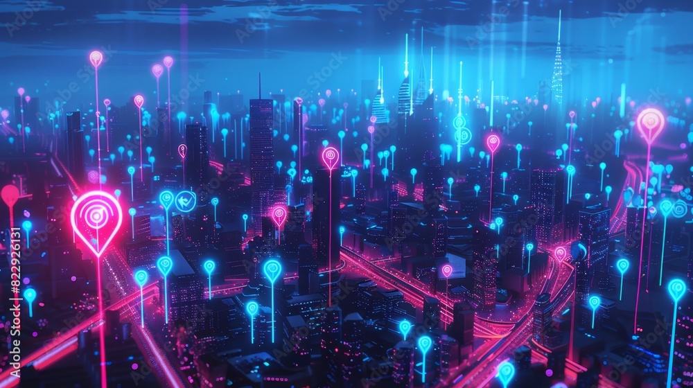 Futuristic city view with glowing GPS location icons and data points, representing the convergence of city information and cutting-edge technological innovation.
