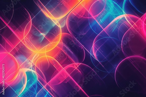 An abstract painting of glowing neon orbs and laser beams in a retro 80s style.