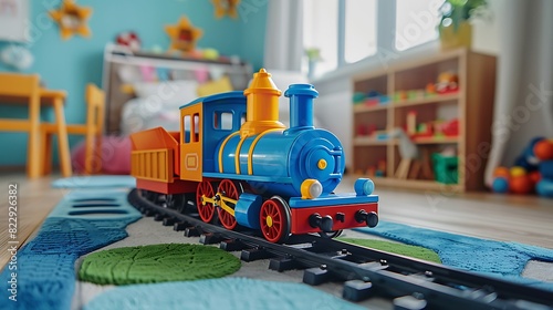 Railway toy on floor in kid room or playroom in entertainment centre photo