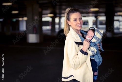 Sideview of a happy woman looking and smiling to camera while holding and carrying her baby