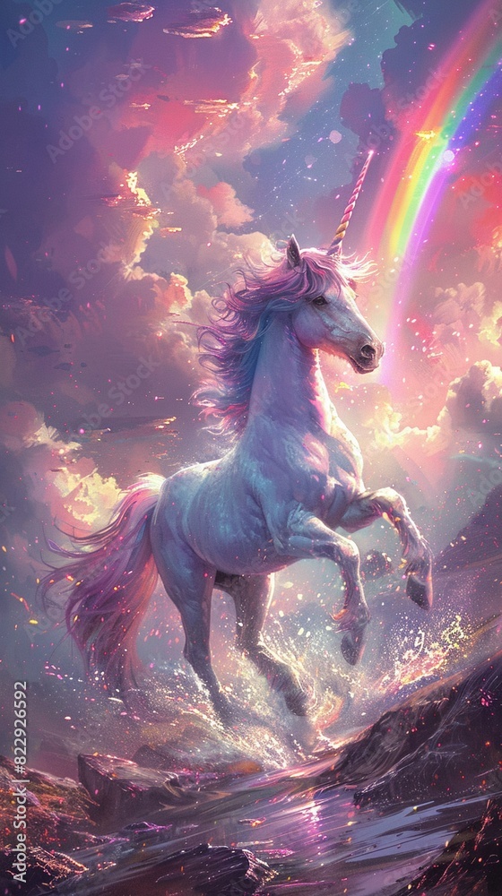 Obraz premium Adorable pastel unicorn, prancing under a rainbow, kawaii style, soft colors, high resolution, dreamy and cute