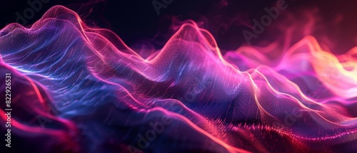 An abstract landscape of glowing pink and blue waves undulates across the dark background, creating a sense of depth and movement.